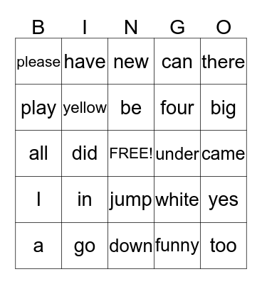 Sight Vocabulary Bingo Card