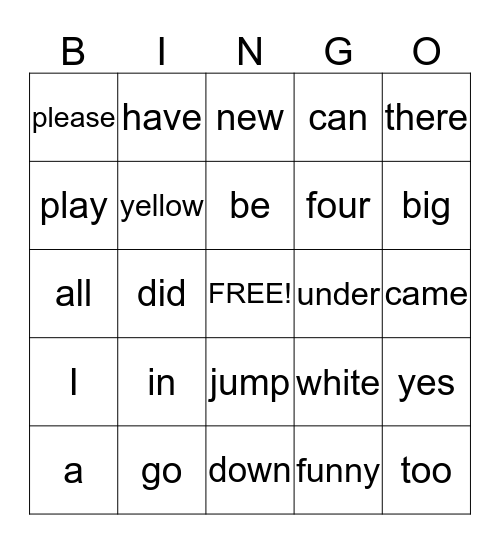 Sight Vocabulary Bingo Card