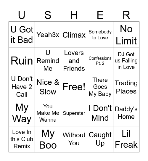 USHER Halftime: Songs Only Bingo Card