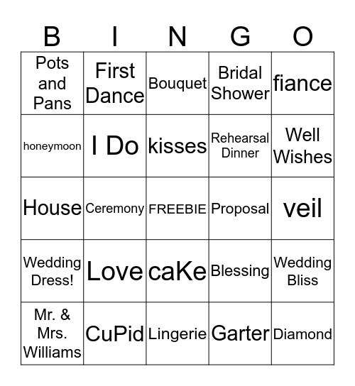 Juawana's Bridal Shower Bingo Card