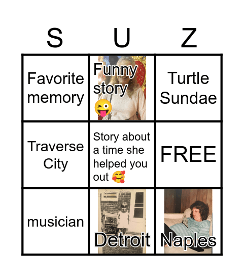 Suzanne's 70th Bingo Card