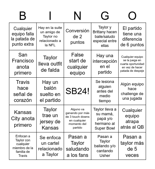 SIWFTIE BOWL Bingo Card