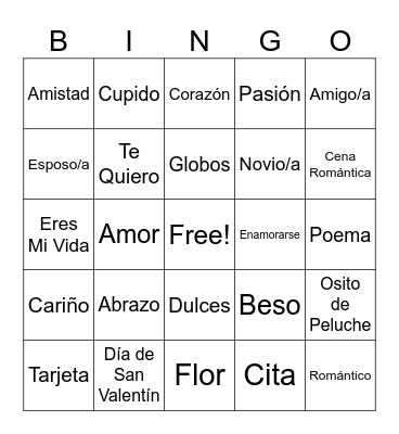 Spanish Valentine's Day Bingo Card