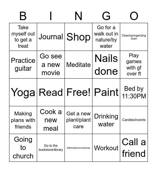 Self Care Bingo Card