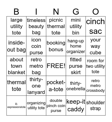 Thirty-One Bingo Card