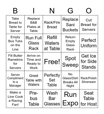 Busser Contest Bingo Card