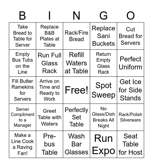 Busser Contest Bingo Card