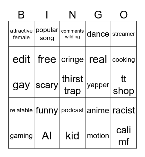 tiktok Bingo Card