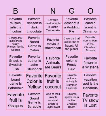 💗What Do You Love Bingo 💗 Bingo Card