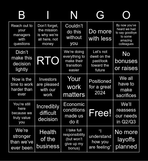 Post-Layoffs All Hands Bingo Card