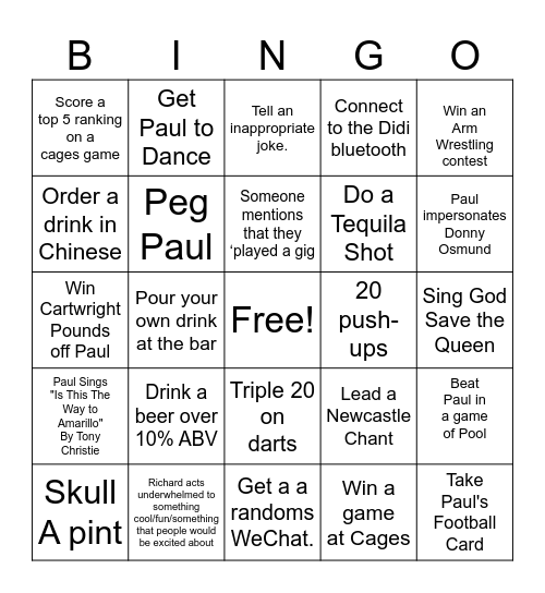 Richard’s Stag Do Bingo Card