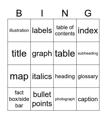 Nonfiction Text Features Bingo Card