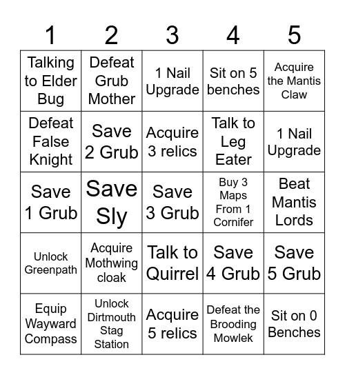 Hollow Knight Lockout Bingo Card