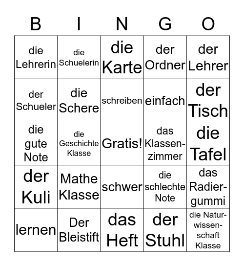 In der Schule!  Bingo Card