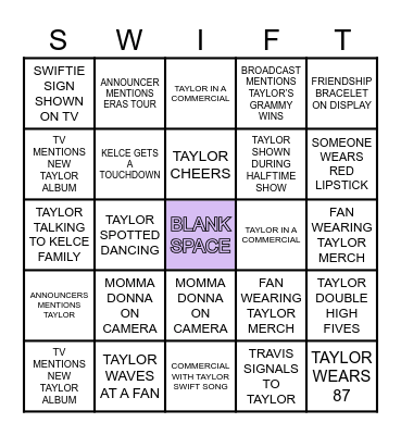SWIFTIE BOWL Bingo Card