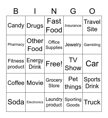 Super Bowl Commercial Bingo Card