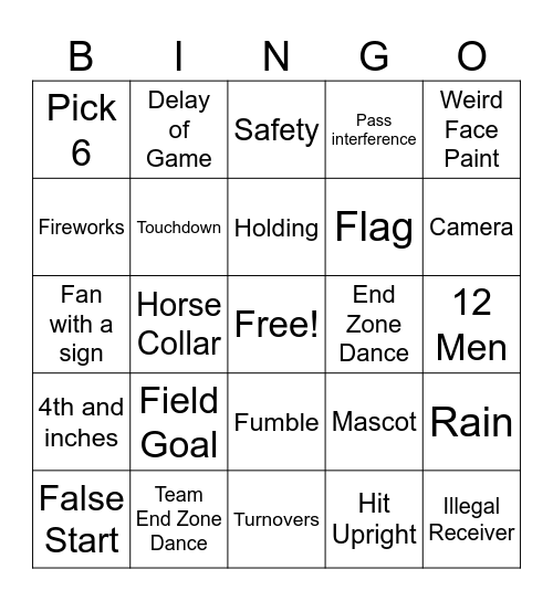 Super Bowl Game Bingo Card