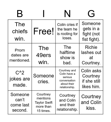 Super Bowl bingo Card