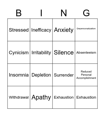 Signs of Burnout Bingo Card