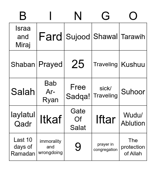 Salah/ Ramadan Bingo Card