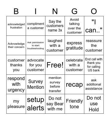 Call Empathy Bingo Card