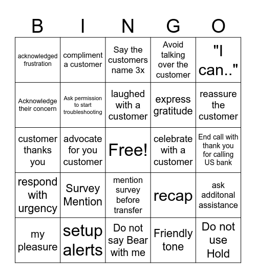 Call Empathy Bingo Card