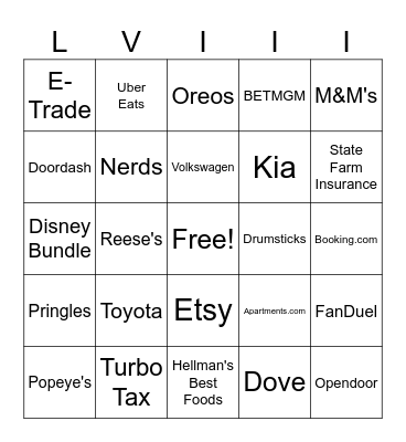 Super Bowl Commercials Bingo Card