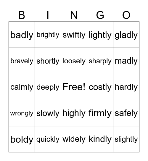 Suffix -ly Bingo Card