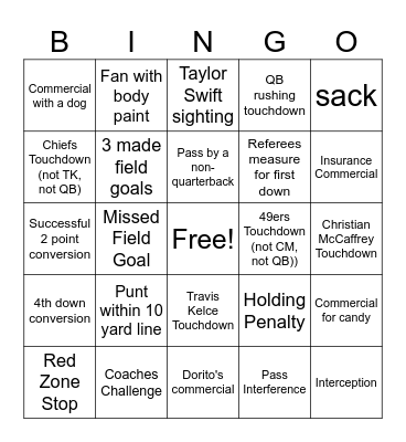 Superbowl Bingo Card