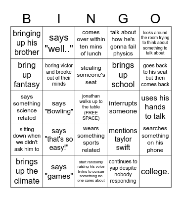 jonny manelly bingo Card
