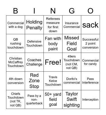 Superbowl Bingo Card