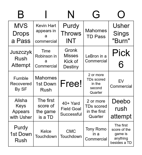 Super Bowl 23/24 Bingo Card