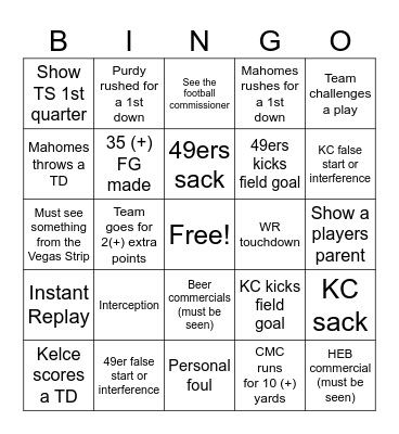 Super Bowl 2024 Bingo Card