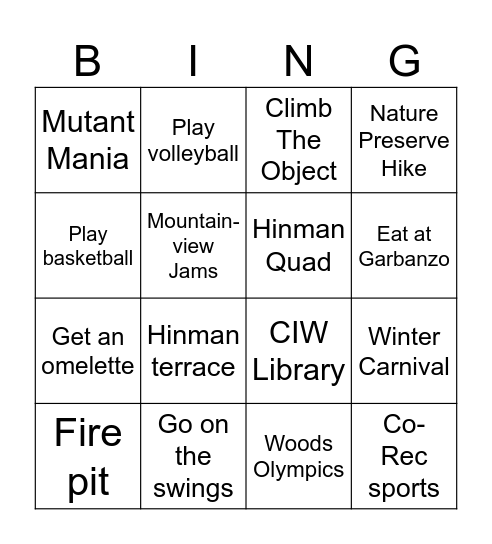 BINGO-HAMTON Round 1: Dorms Bingo Card