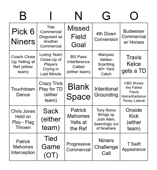 Super Bowl 2024 Bingo Card