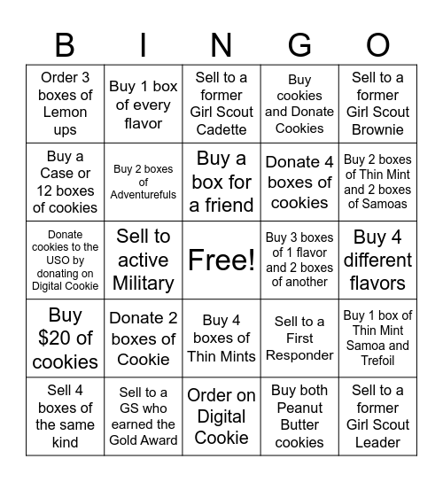 Troop Cookie Bingo Card