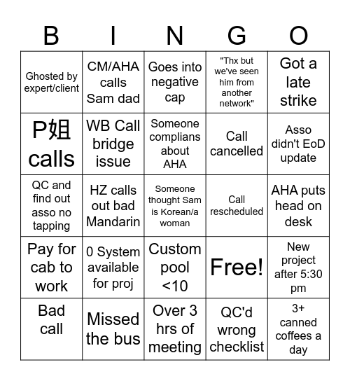 Sam's Bad Work Day Bingo Card