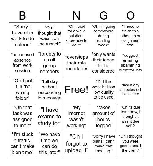 Shitty group members Bingo Card