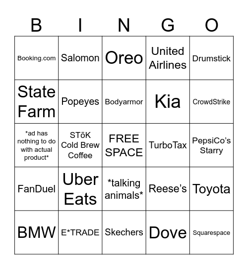 I'M HERE FOR THE COMMERCIALS Bingo Card