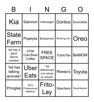 I'M HERE FOR THE COMMERCIALS Bingo Card