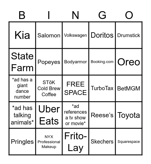 I'M HERE FOR THE COMMERCIALS Bingo Card