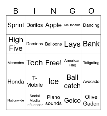 Superbowl Ads Bingo Card