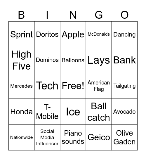 Superbowl Ads Bingo Card