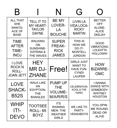 80S/90S DANCE MUSIC Bingo Card