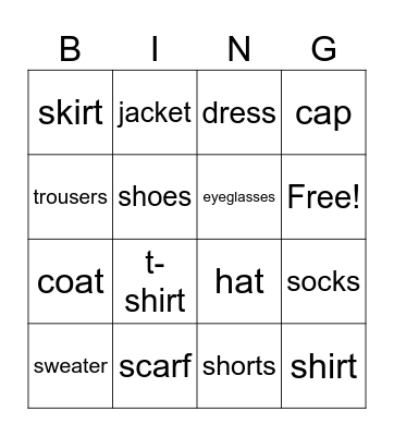 Clothes Bingo Card