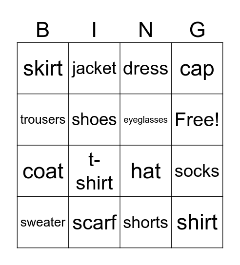 Clothes Bingo Card