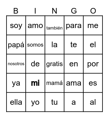 Sight words Bingo Card