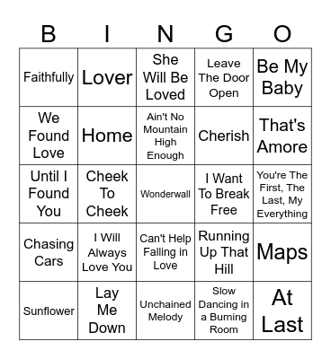 Five-0-Five Music Bingo - Love Songs 1 Bingo Card