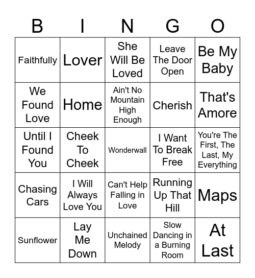 Five-0-Five Music Bingo - Love Songs 1 Bingo Card