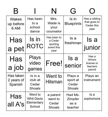 Cedar Bingo Card